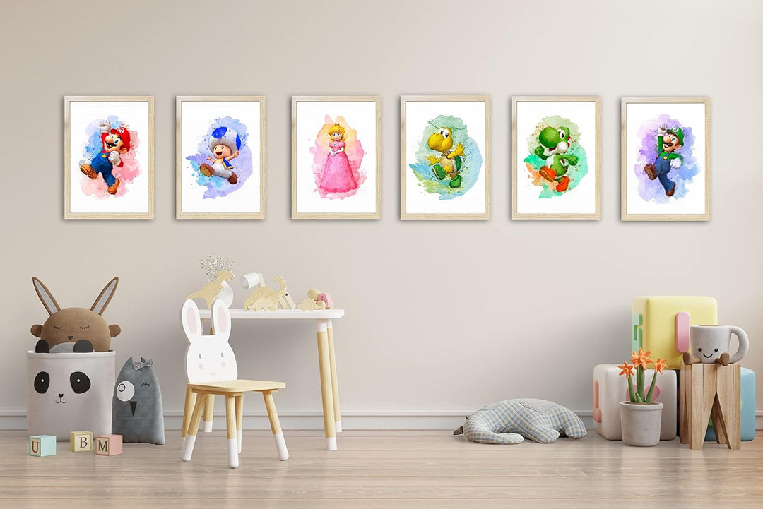 Super Mario Game Aquarell-Poster – Set mit 6 (20,3 x 25,4 cm) – Super Mario Wandkunst Spielzimmer-De