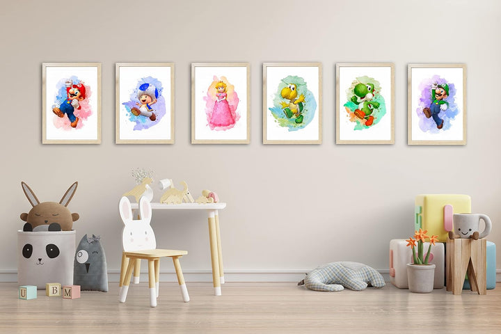 Super Mario Game Aquarell-Poster – Set mit 6 (20,3 x 25,4 cm) – Super Mario Wandkunst Spielzimmer-De