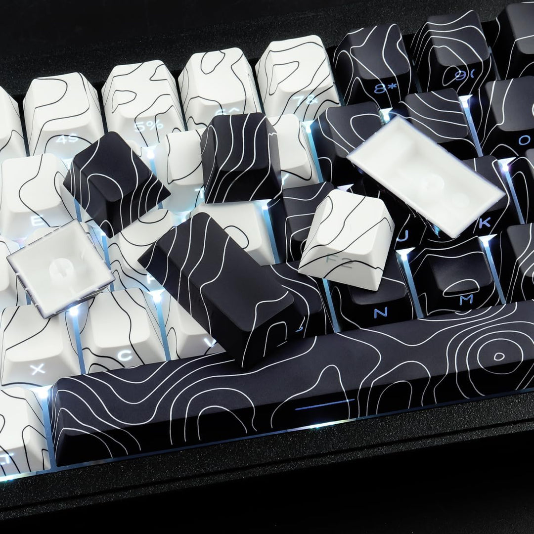 Sunzit Custom Keycaps, Weisse & Schwarz Topographische 131 Tasten PBT Cherry Profil Dye Sublimation