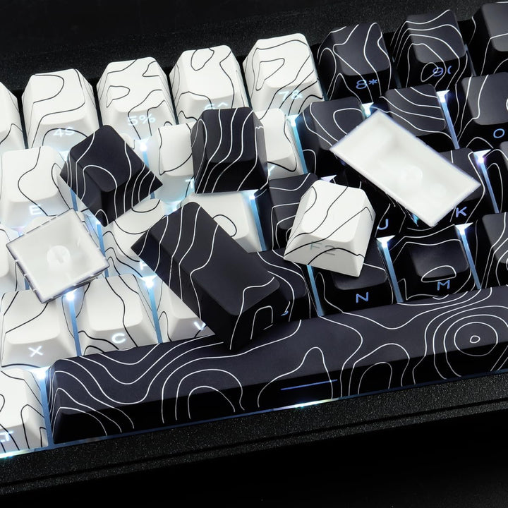 Sunzit Custom Keycaps, Weisse & Schwarz Topographische 131 Tasten PBT Cherry Profil Dye Sublimation
