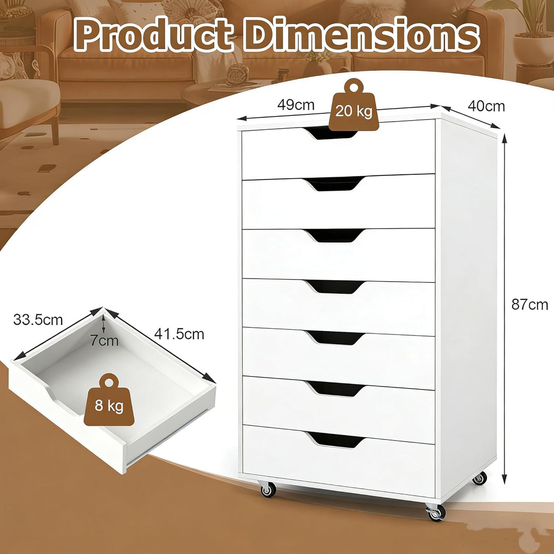 GIANTEX Rollcontainer mit 7 Schubladen, Aktenschrank mit Rollen, Schubladenschrank Holz unter Schrei
