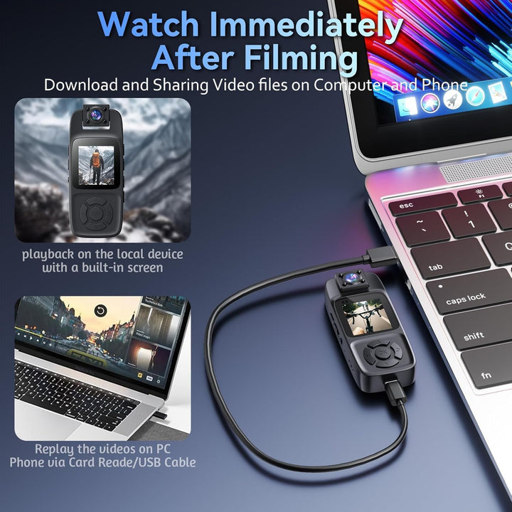 BodyCam 256G IPX7 Wasserdicht mit Nachtsichtfunktion,4K Körperkameras mit 180°Drehbarer Kamera, 180