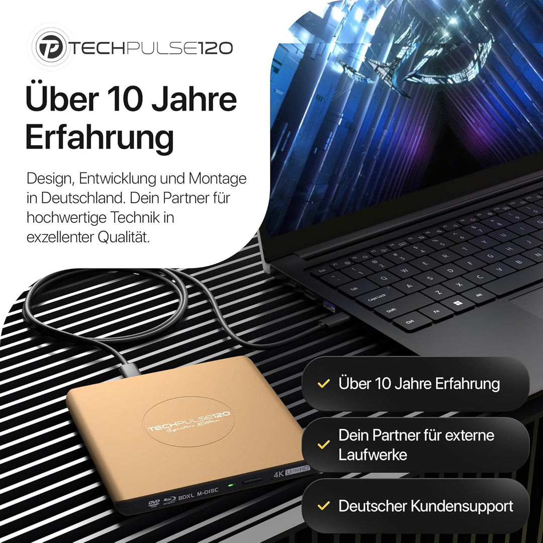 techPulse120 Externes UHD 4k 3D M-Disc BDXL USB 3.0 USB-C Laufwerk Blu-ray Brenner Burner Superdrive
