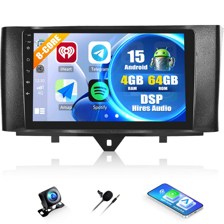 CAMECHO 4+64G Android 15 DSP Autoradio für Mercedes-Benz Smart Fortwo 2011-2015, 9 Zoll 8-Kern Bluet