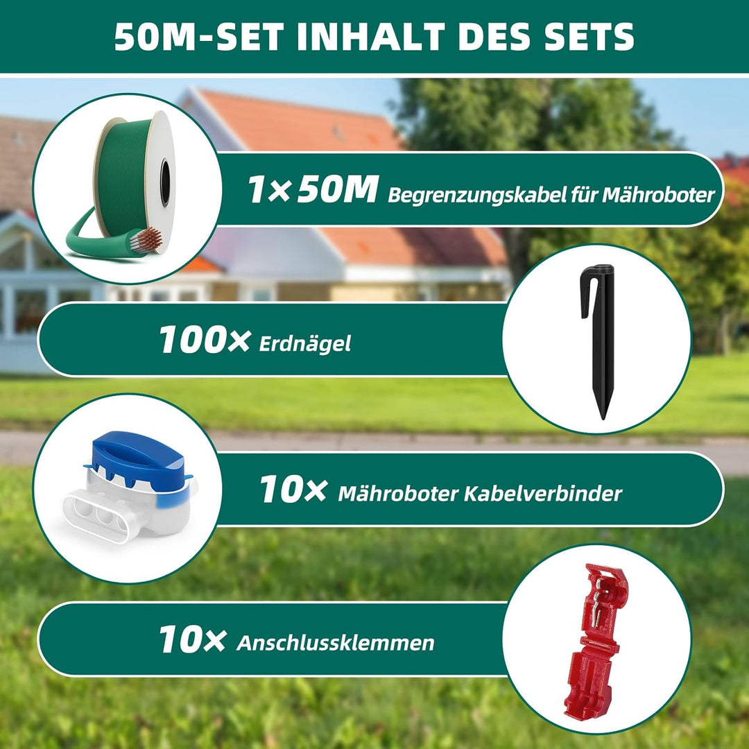 50M Universal Begrenzungskabel für Mähroboter + 100 Erdnägel + 10 Mähroboter Kabelverbinder + 10 Ans