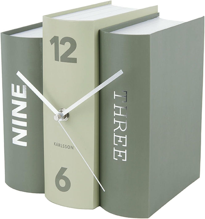 Karlsson KA5756GR Tischuhr, Trompe-L'Oeil-Bücher, Buch, Grün, Fester Karton und Metall, H20 x 20 x 1