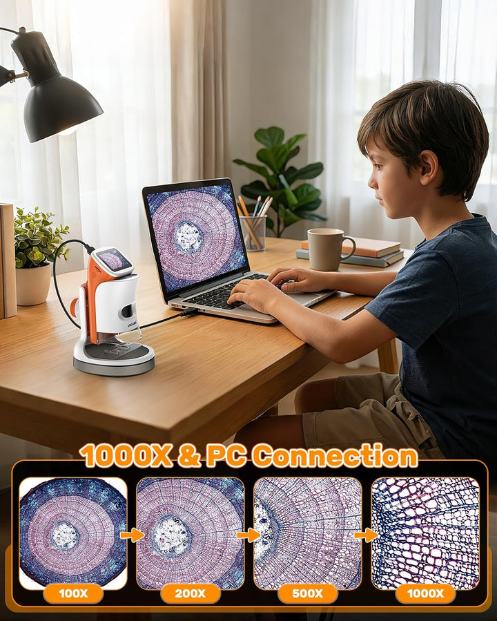 Mikroskop für Kinder mit Stand: Digitales Handmikroskop 100 – 1000 x: LCD-Display 4 K, 2,0 Zoll, USB
