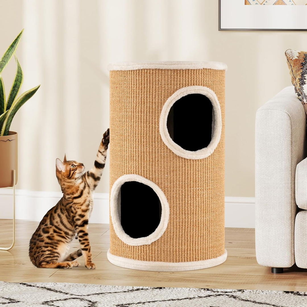 COSTWAY Kratztonne, Ø 36 cm, 59,5 cm hoch, Katzentonne mit Sisal-Kratzbrett, 3 Katzenhöhlen, Plüschb