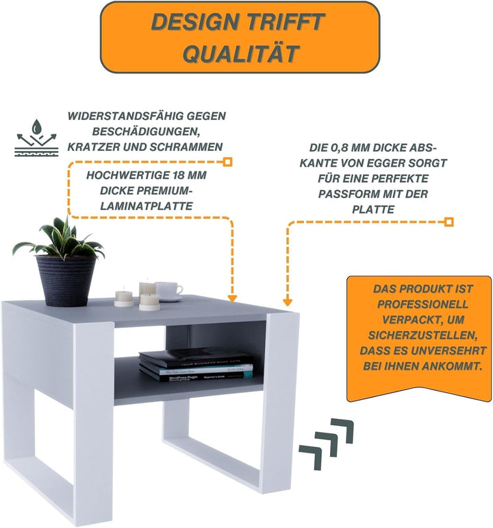 CraftPAK Wohnzimmer Tisch für Couch aus hochwertigem Holz, Stabiler & moderner Couchtisch mit zusätz