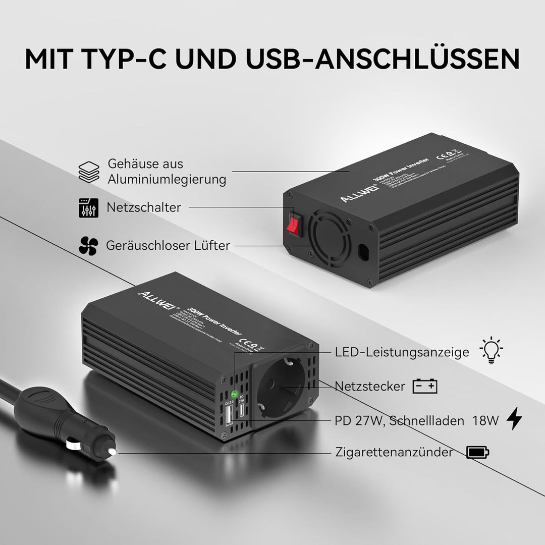 ALLWEI 300W Wechselrichter 12V auf 230V Spannungswandler, Stromwandler mit Typ-C & USB Anschluss, In