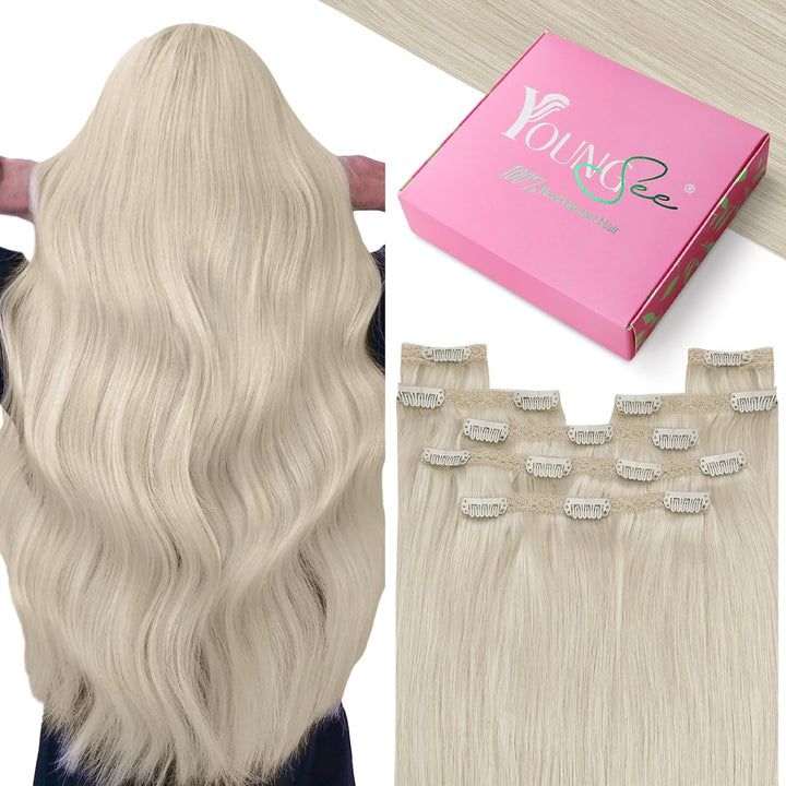 YoungSee Echthaar Extensions Clip Blond 40 cm Clip in Extensions Platinblond Clip in Extensions Echt