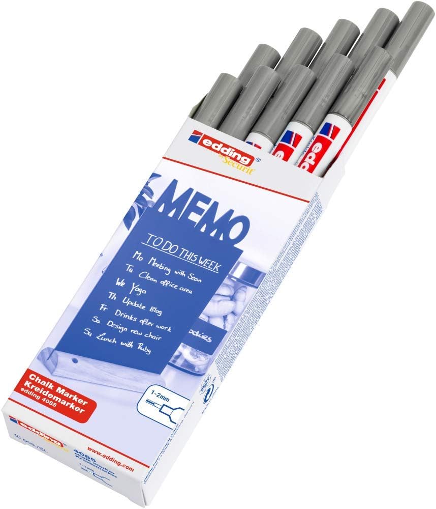 edding 4085 Kreidemarker - silber - 10 Kreidestifte - Rundspitze 1-2 mm - dünner Kreidestift für Taf