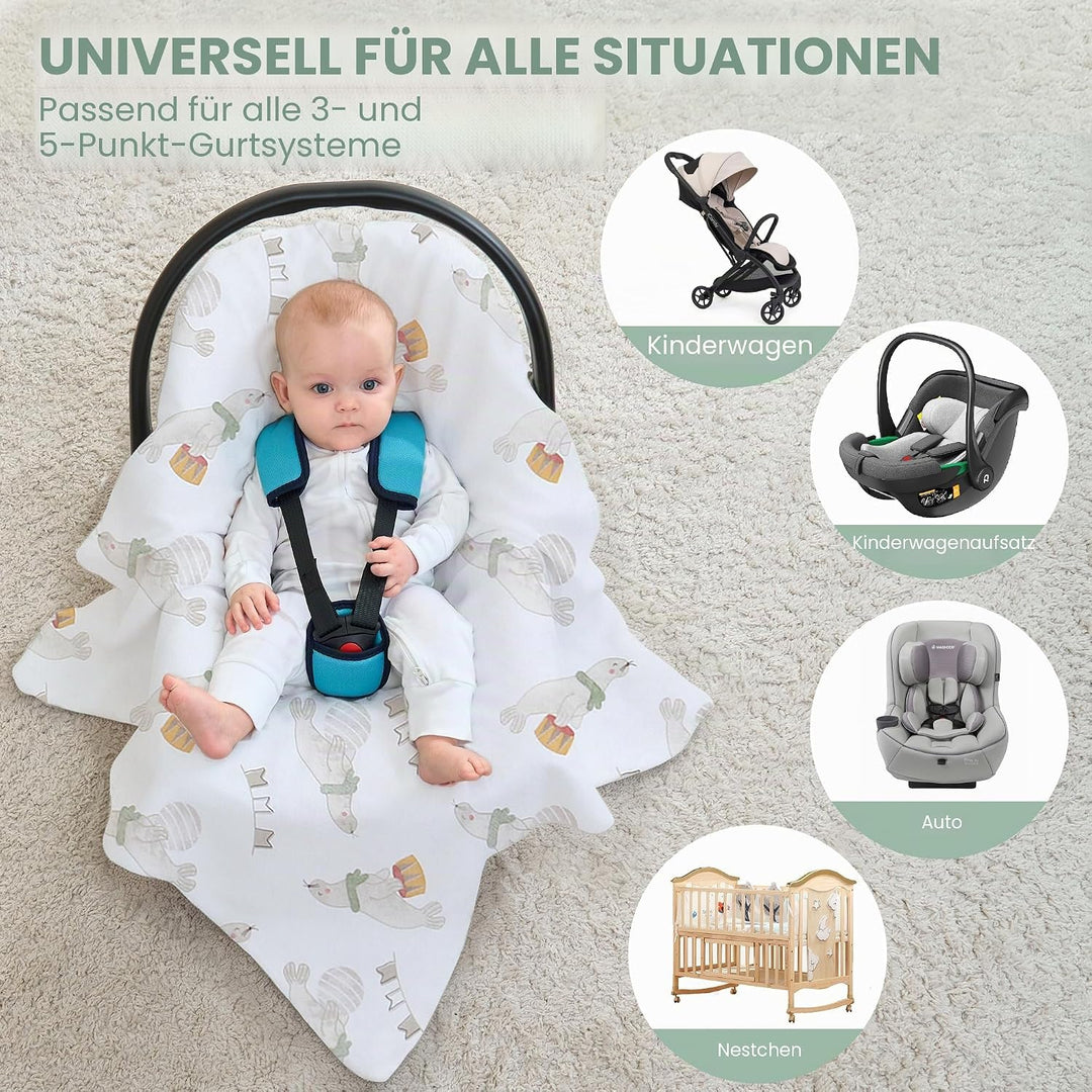 Miracle Baby Einschlagdecke babyschale Sommer für Kinderwagen | Universal 90x90cm, mit 8 Punkt Gurt