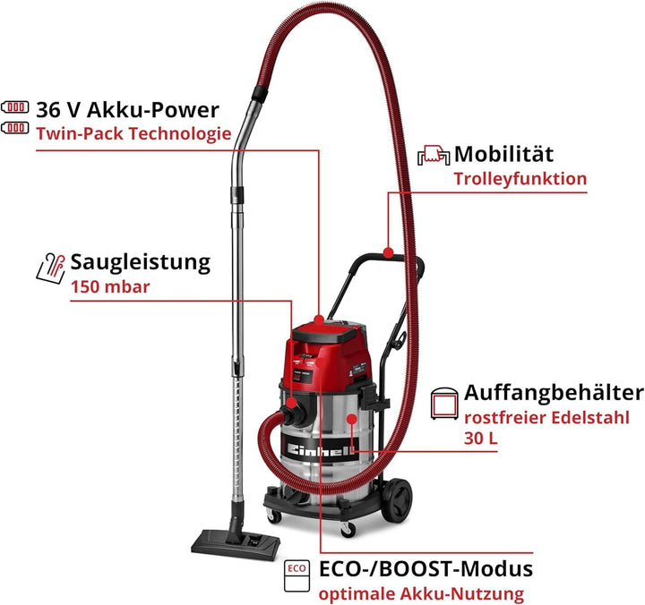 Einhell Akku-Nass-Trockensauger TE-VC 36/30 Li S-Solo Power X-Change (Li-Ion, 36 V, ECO/BOOST-Mode,