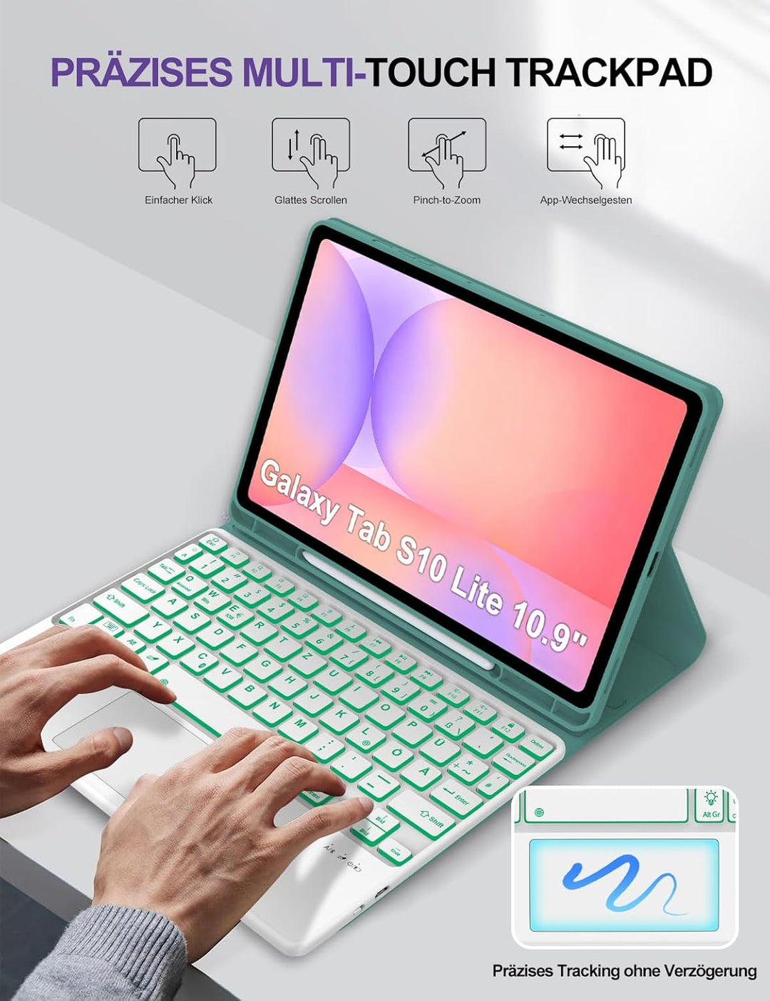 JADEMALL Hülle mit Touchpad & RGB-Tastatur für Samsung Galaxy Tab S10 Lite/S10 FE/S9 FE 10,9" & S9 1