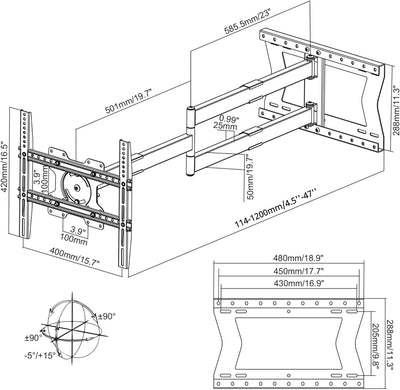 Nanook 2120 Langarm-TV-Wandhalterung für 42-75-Zoll-Fernseher, Extra langer Auszug bis zu 120 cm, St