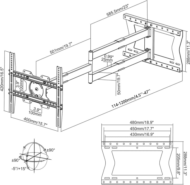 Nanook 2120 Langarm-TV-Wandhalterung für 42-75-Zoll-Fernseher, Extra langer Auszug bis zu 120 cm, St