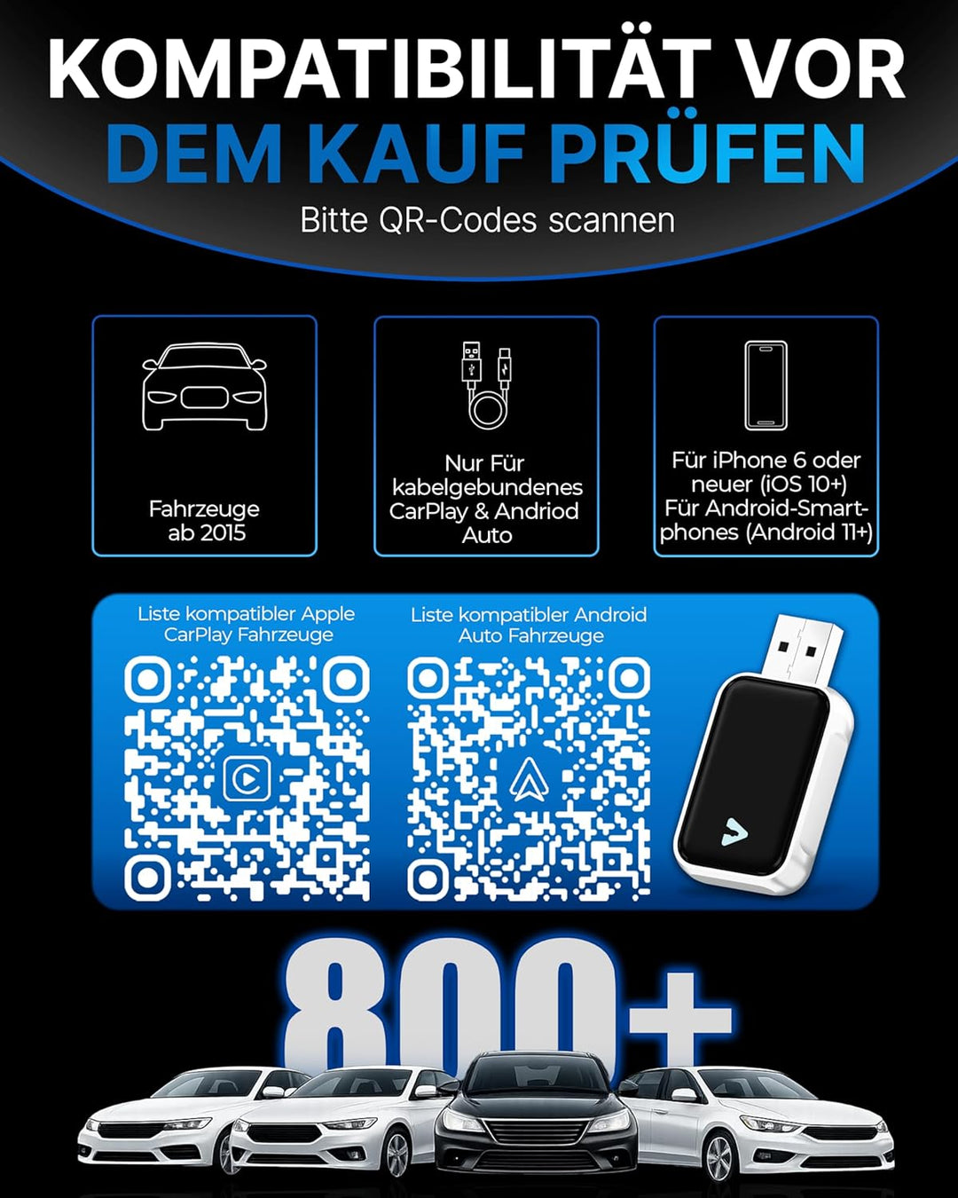 Carplay Wireless Adapter & Android Wireless Adapter fürs Auto – USB-A Plug & Play Nachrüstadapter, U