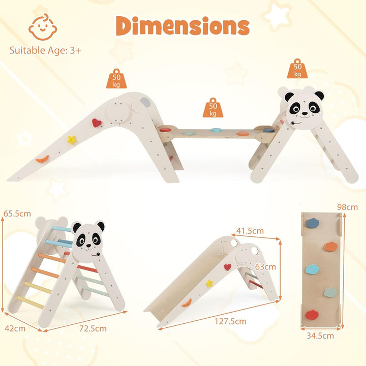 FANTASK Kletterdreiecke Indoor 3er Set, Klappbares Klettergerüst Holz mit Rutsche, Rampe & Kletterle