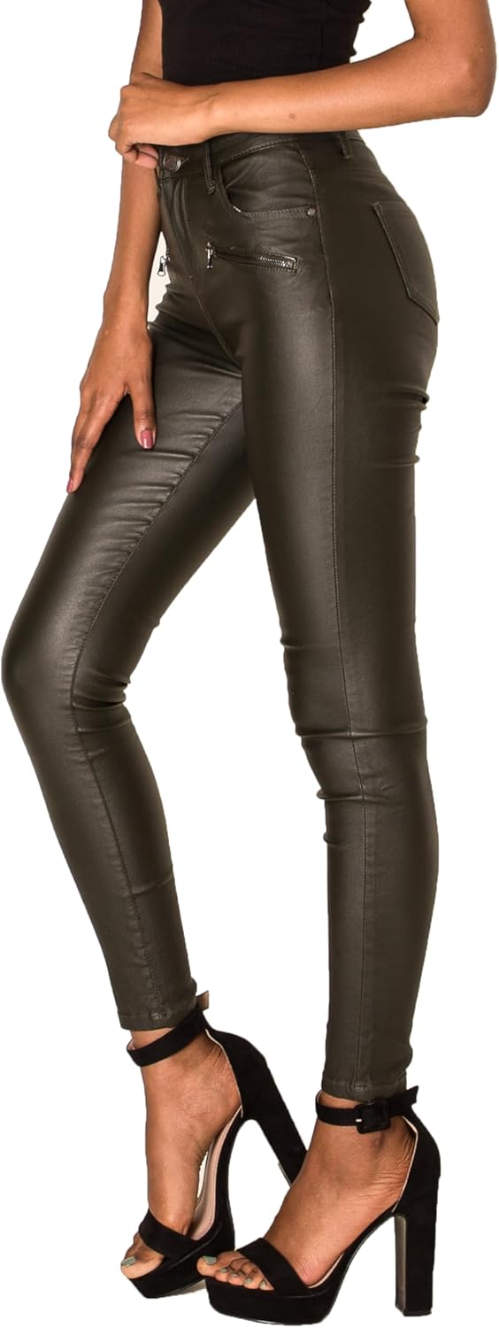 Lusty Chic Damen Kunstlederhose Leder Look Hosen Biker Stretch Skinny Jeans S Khaki, S Khaki