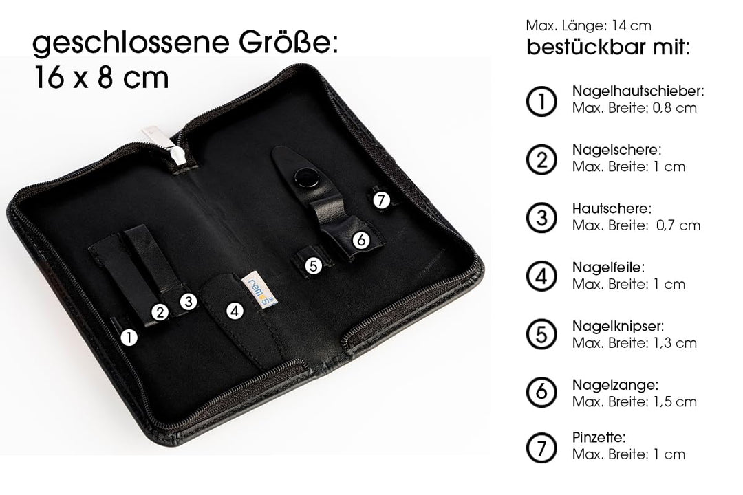 REMOS Nageletui leer aus echtem Leder zum Bestücken mit 7 Instrumenten - schwarz, Schwarz