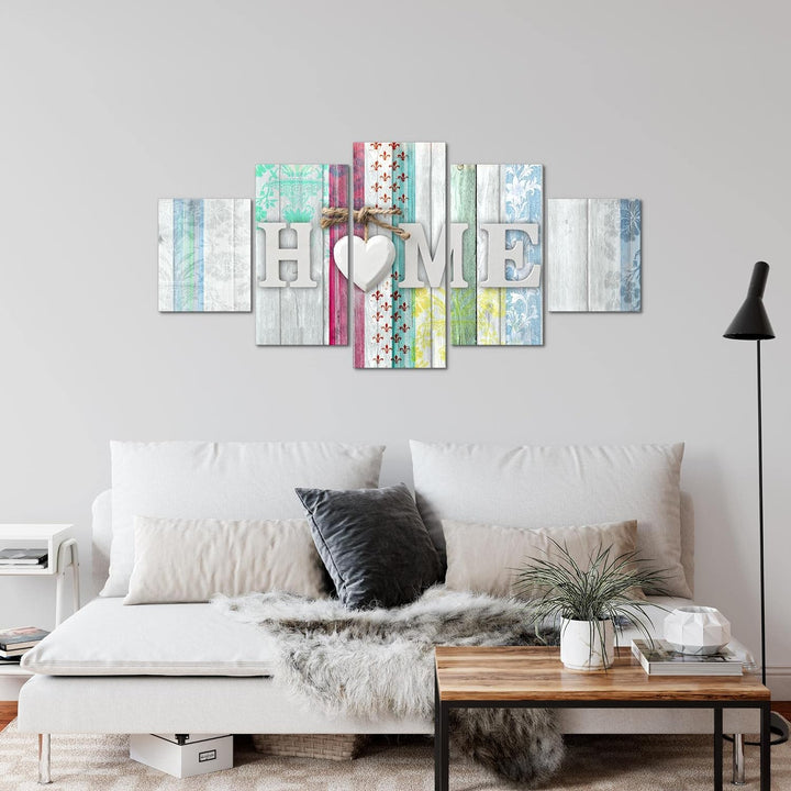 Runa Art Wandbilder Home Holzoptik 5 Teilig Bild auf Vlies Leinwand Deko Wohnzimmer Vintage Herz Bun