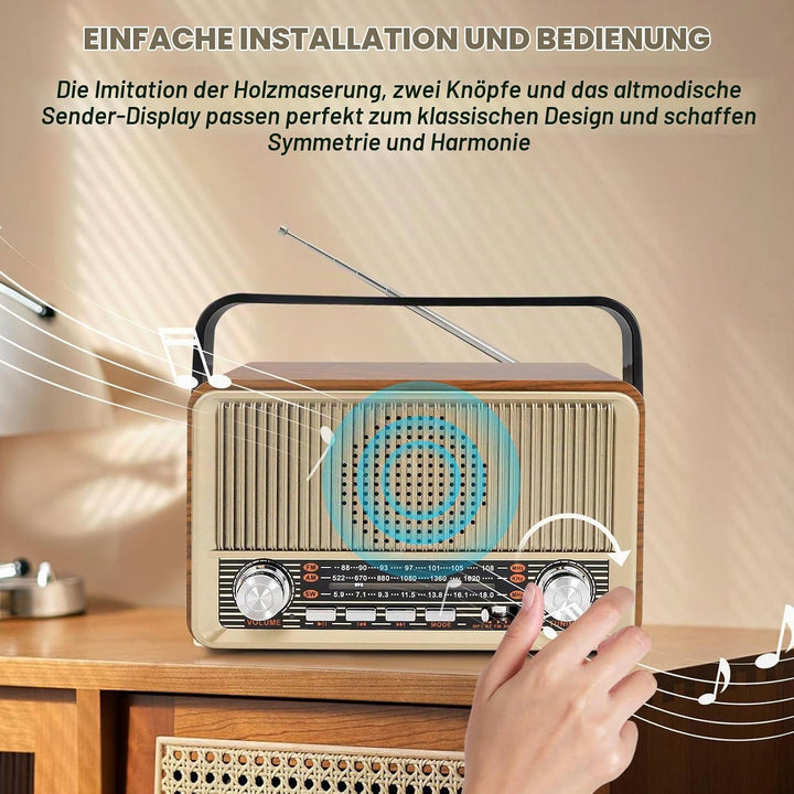 Retro Radio mit Bluetooth, Nostalgie Kofferradio Klein mit AM/FM/SW3, USB/TF/AUX, Wiederaufladbar, K