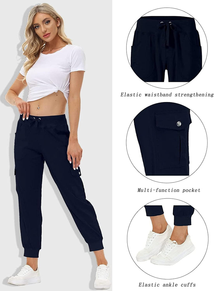JINSHI Hosen Damen Cargohose Lange Capri Freizeithose Outdoor Jogginghose High Waist mit Kordelzug 3