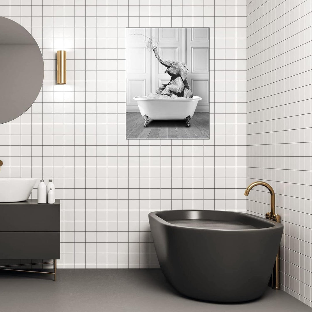 WADBTP Badezimmer Bilder,Schwarz Weiss Bilde,Lustige Tier in der Badewanne Leinwand Bilder für Wohnz