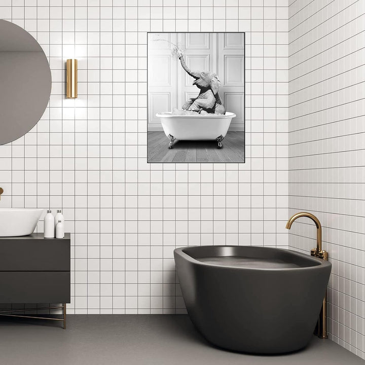 WADBTP Badezimmer Bilder,Schwarz Weiss Bilde,Lustige Tier in der Badewanne Leinwand Bilder für Wohnz