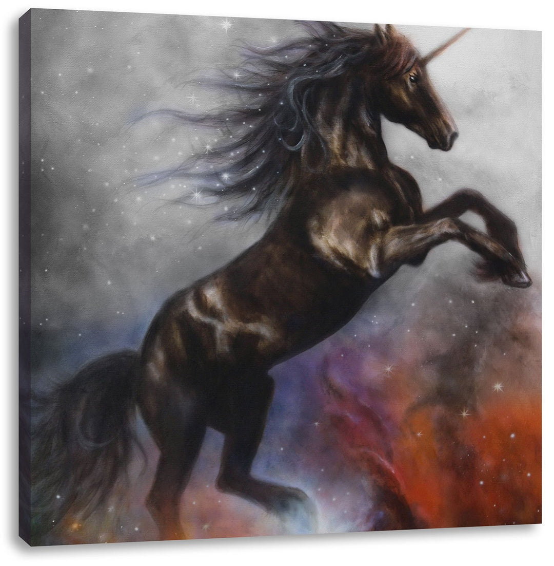 Pixxprint Traumhaftes schwarzes Einhorn Schwarz/Weiss, Format: 70x70 auf Leinwand, 70x70