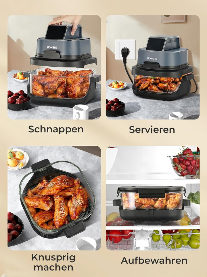 FOHERE Tragbare Heissluftfritteuse, 4-in-1 Heissluftfrittieren für Bake, Recrisp, Max Crisp, Airfrye