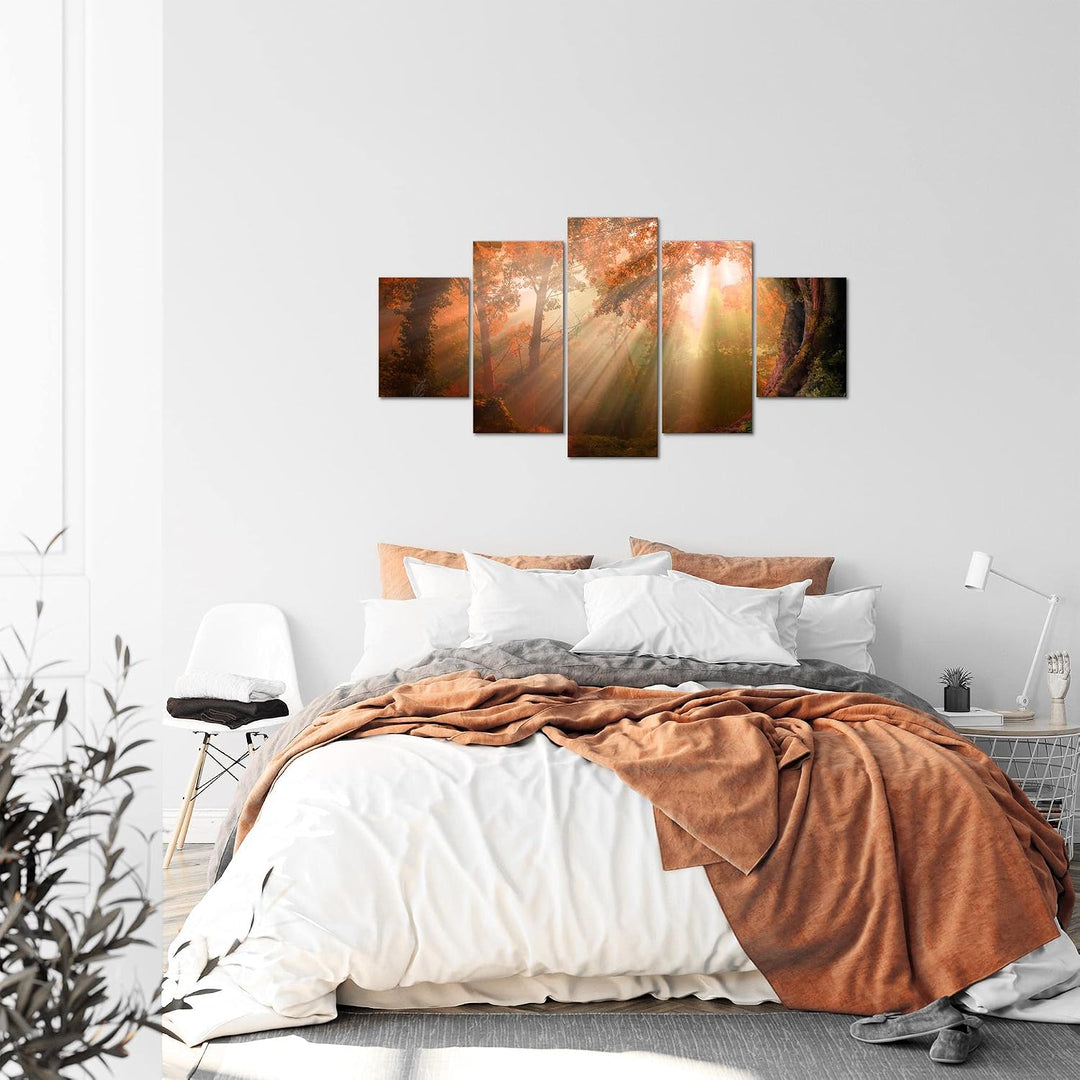 Runa Art Bild Schlafzimmer Wohnzimmer Wald Landschaft 5 Teilig Sonne Braun Wandbilder auf Vlies Lein