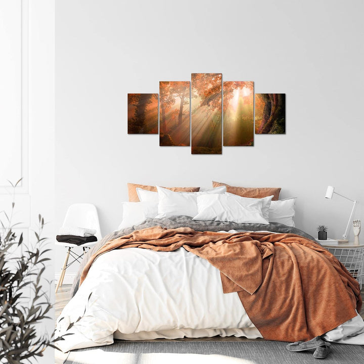 Runa Art Bild Schlafzimmer Wohnzimmer Wald Landschaft 5 Teilig Sonne Braun Wandbilder auf Vlies Lein