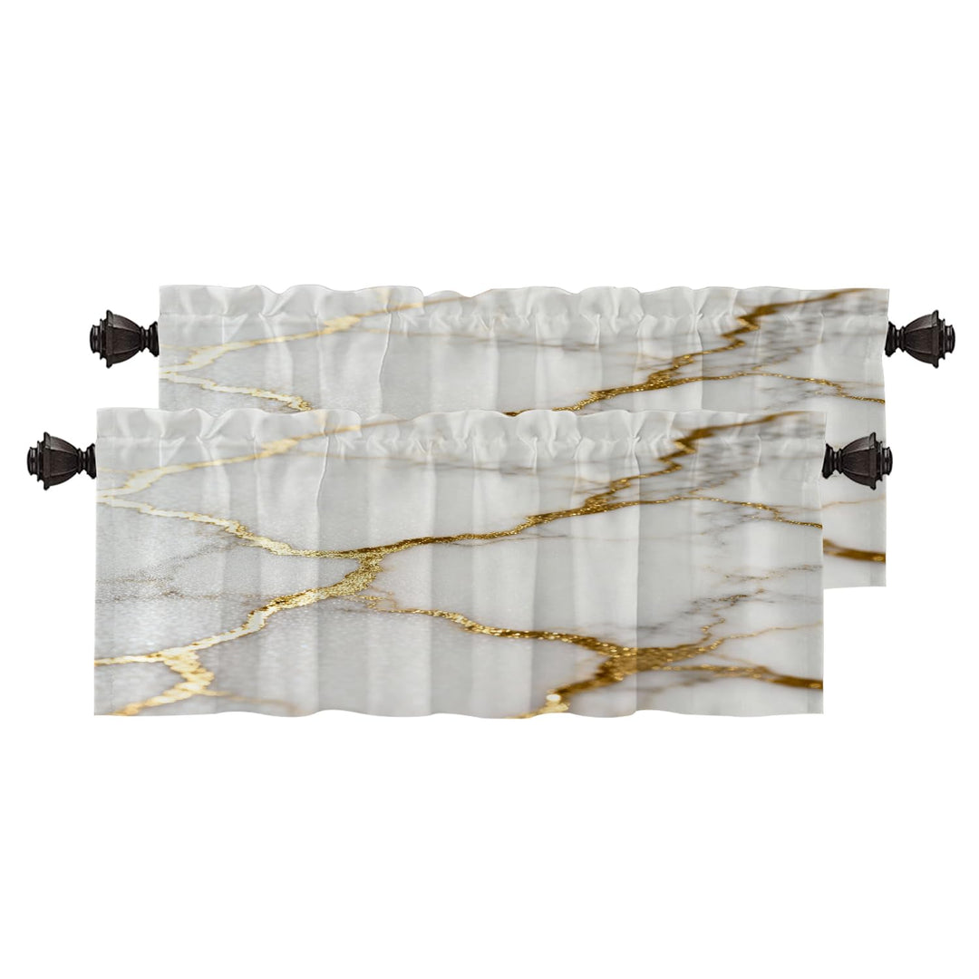 Delicate White Marble Kitchen Valances for Windows,Marble with White Golden Texture Blackout Valance