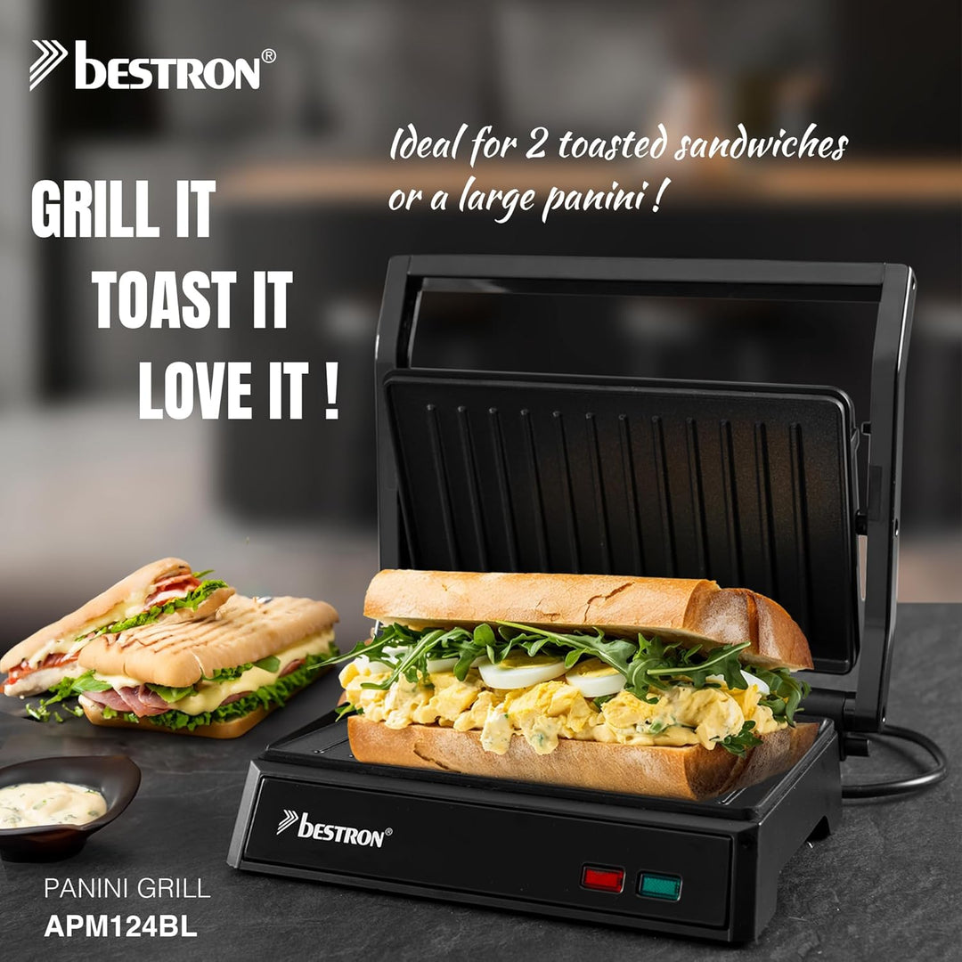 Bestron elektrischer Kontaktgrill mit Auffangschale, Sandwichmaker mit Cool-Touch-Handgriff, Paninim