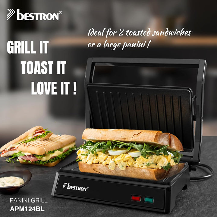 Bestron elektrischer Kontaktgrill mit Auffangschale, Sandwichmaker mit Cool-Touch-Handgriff, Paninim