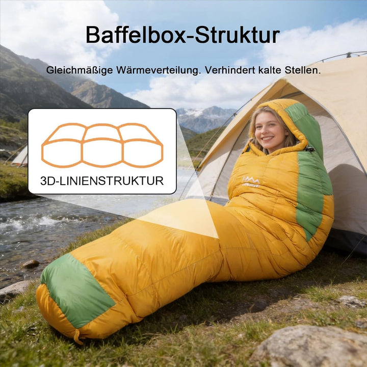 Ultraleicht Daunenschlafsack mit Kissen, Kleiner Leichter Sommer Schlafsack 680FP für Erwachsene und