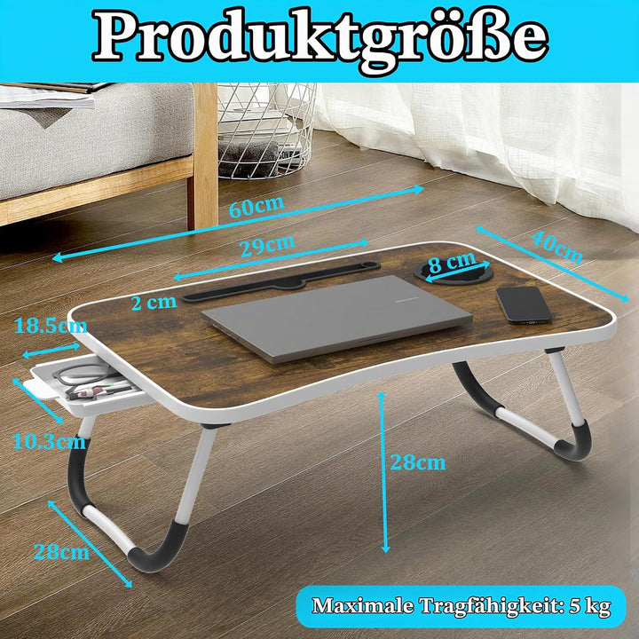 Soontrans Laptoptisch 60x40x28 cm, Laptop Tisch mit Schublade, Getränkehalter, Tablethalter, Klappba