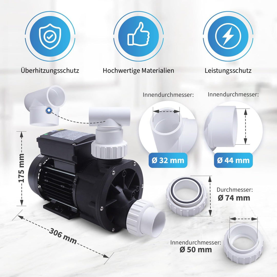 AQUADE Whirlpоol Pumpe 0,55kW 550W, 0,75HP, 230V, 50Hz, 18.000l/h – Umwälzpumpe für Pools bis 18m³,