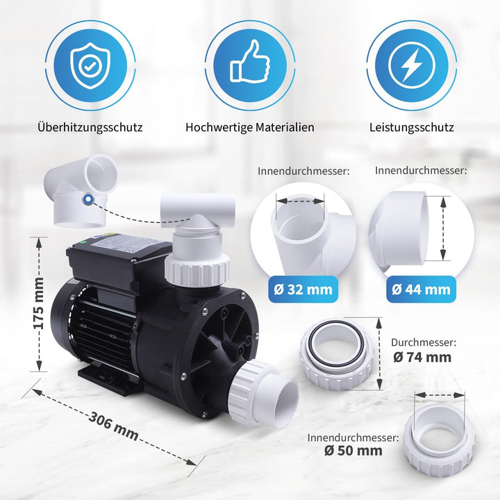 AQUADE Whirlpоol Pumpe 0,55kW 550W, 0,75HP, 230V, 50Hz, 18.000l/h – Umwälzpumpe für Pools bis 18m³,