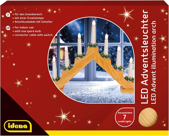 Idena 8582088 - LED Adventsleuchter mit 7 LED Kerzenlichtern in Warmweiss, Schwibbogen aus naturfarb