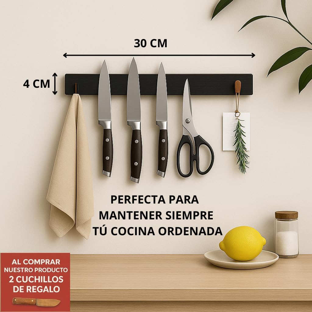 Magnet für Küchenmesser, 30 cm, mit 2 Messern, Magnetleiste für Messer, robust, Küchenmesserhalter,