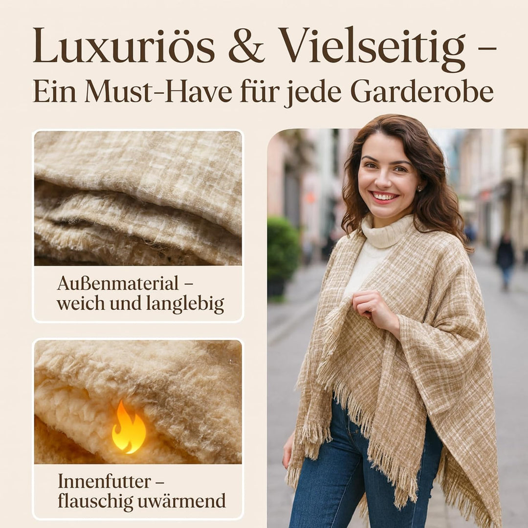Poncho Damen Überwurf – Weicher wärmender Komfort – Karierter Fransen-Look in One Size M Beige, M Be