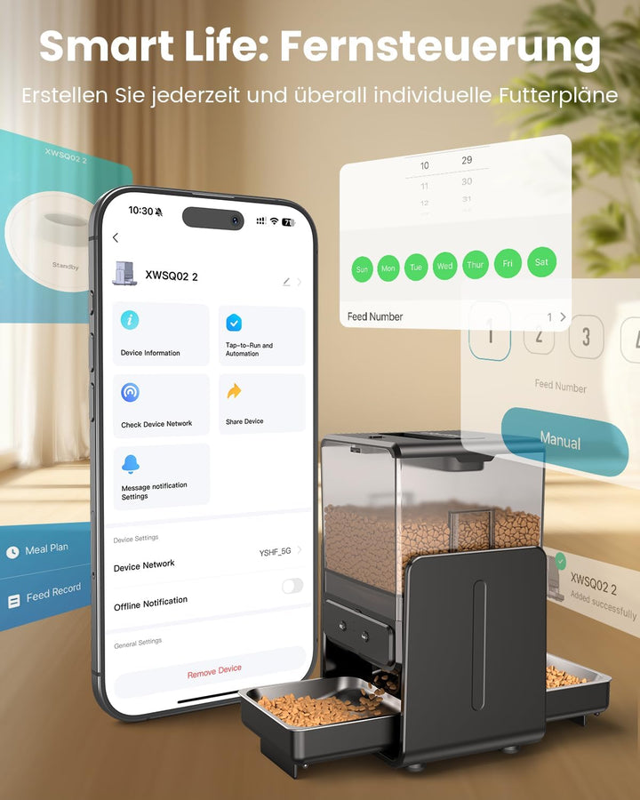 Futterautomat Katze mit App-Steuerung für 2 Katzen, höhenverstellbar für Kleintiere, 2 Näpfe, 5-Lite