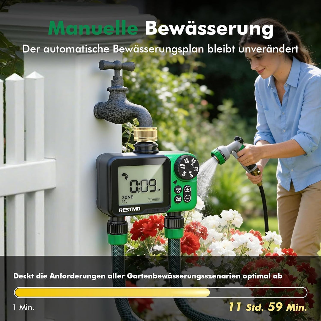 RESTMO 2 Zonen Bewässerungscomputer, grosses Display bewässerungsuhr, automatisch/manuell/Regenverzö
