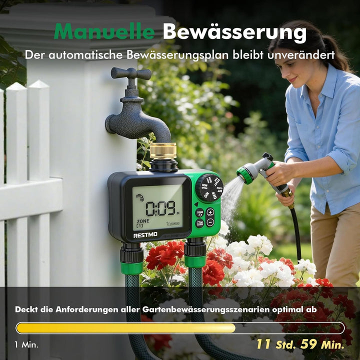 RESTMO 2 Zonen Bewässerungscomputer, grosses Display bewässerungsuhr, automatisch/manuell/Regenverzö