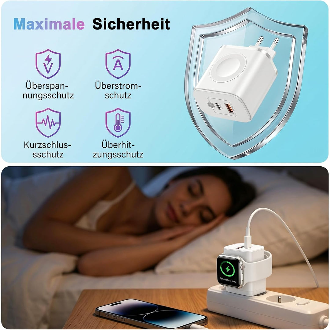Ladegerät für Apple Watch, 3-in-1 20W USB C iPhone Ladegerät PD Schnellladegerät, USB C Netzteil mit
