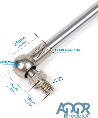 RhedexX® Gasdruckfeder Gasfeder mit M8 Gewinde Kugelkopf Länge: 400mm Hub: 150mm Kraft: 100N-1.250N