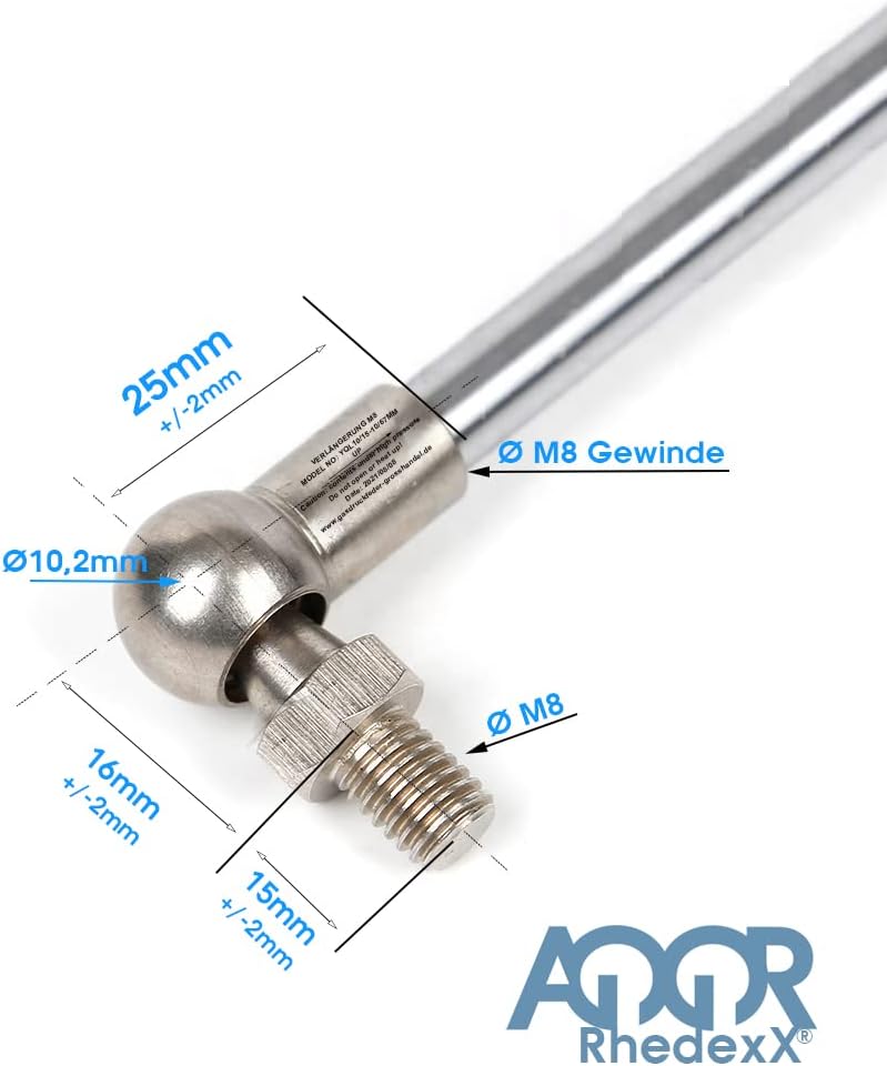 RhedexX® Gasdruckfeder Gasfeder mit M8 Gewinde Kugelkopf Länge: 400mm Hub: 150mm Kraft: 100N-1.250N
